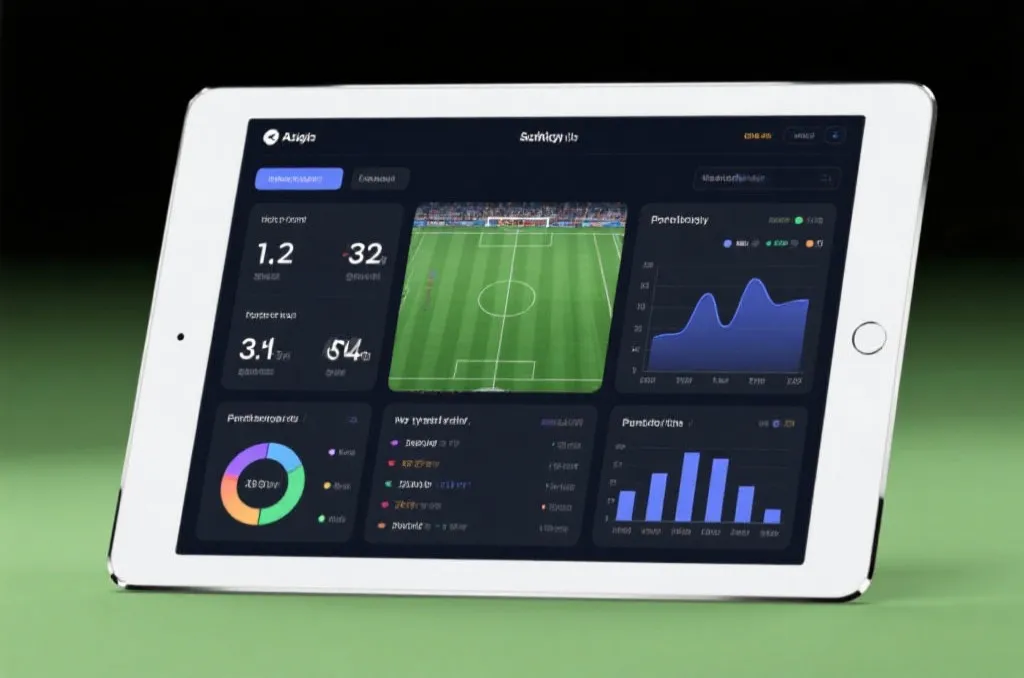 Clean modern sports analytics dashboard on a tablet screen showing charts and data